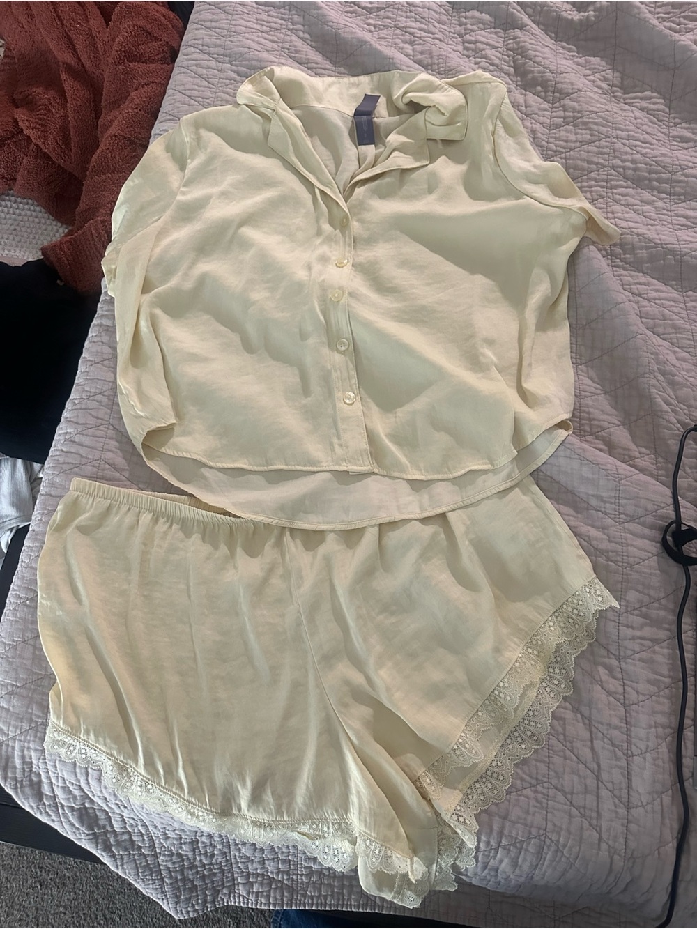 Auden Cream Lightweight Button-Front Sleep Top & Lace-Trim Shorts Butter Yellow